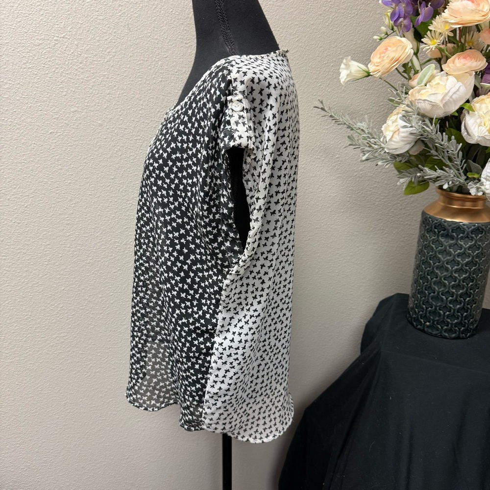 Daniel Rainn Black White Butterfly Print Sheer Blouse Medium | Spring Summer Top - Picture 2 of 8